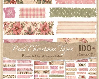 Pink Christmas Tapes Stickers for Junk Journals, Printable Fussy Cuts, Digital Ephemera, Scrapbook,  JPG