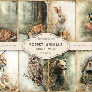 Pagine di diario spazzatura con animali della foresta, effimeri primaverili, album di ritagli stampabili, carta stampabile, collage digitale, pagine primaverili, collage digitale