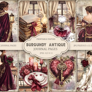 Pagine di diario antico Burgundy Junk, 11 x 8,5, effimeri di diario stampabili, artigianato di carta, download immediato