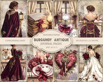 Burgundy Antique Junk Journal Pages, 11 x 8.5, Printable Journal Ephemera, Paper Craft, Instant Download