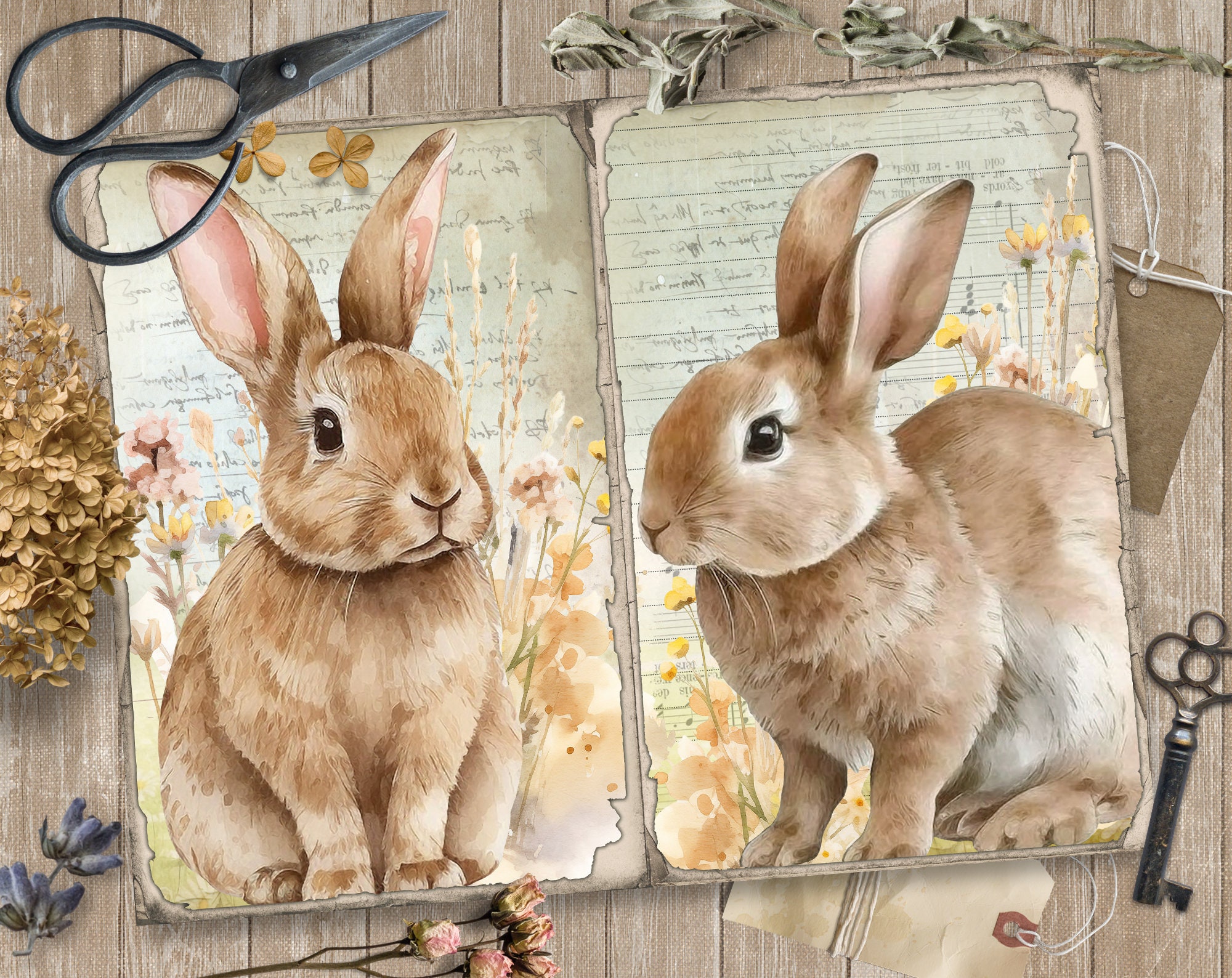 Spring Bunnies 5 Junk Journal Digital Pages, Easter Paper Scrapbooking ...