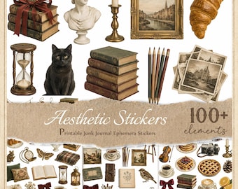 Vintage Junk Journal Stickers, Printable Ephemera (100+ Elements)