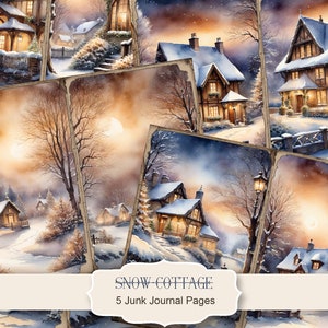 Snow cottage Junk Journal Kit, Merry Christmas Junk Journal Pages, Winter Scene Junk Journal Printable Paper, Digital Collage Sheet