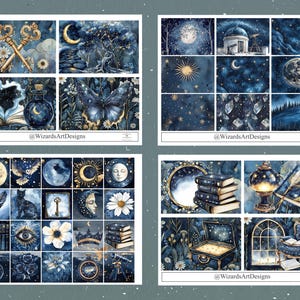 May include: A collection of watercolor illustrations with a celestial theme. The images feature moons, stars, keys, butterflies, books, and other mystical elements in shades of blue, gold, and white. The text "@WizardsArtDesigns" is present.