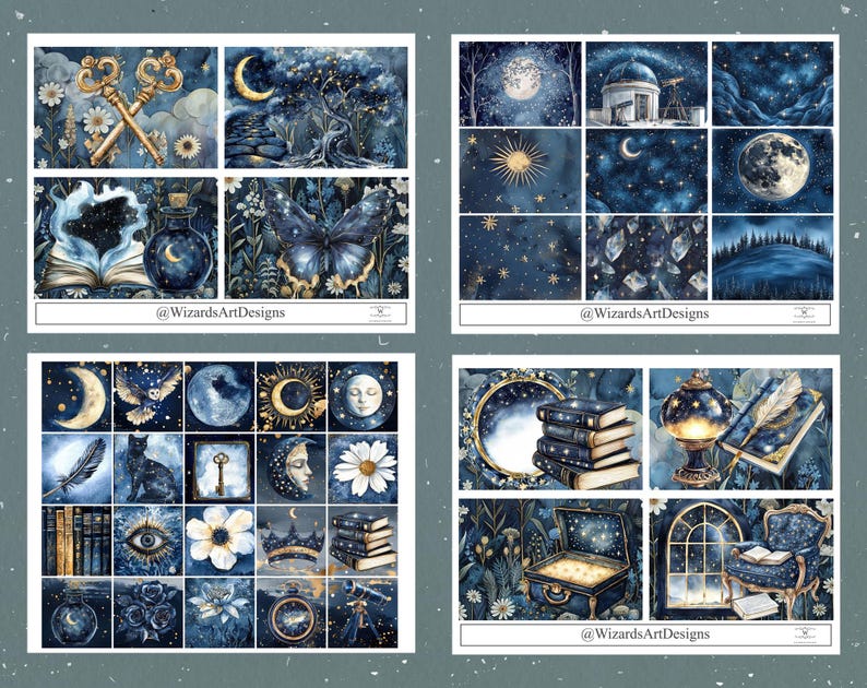 May include: A collection of watercolor illustrations with a celestial theme. The images feature moons, stars, keys, butterflies, books, and other mystical elements in shades of blue, gold, and white. The text "@WizardsArtDesigns" is present.