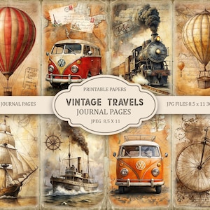 Op de afbeelding: Een collage van vintage reis-thema journaalpagina's. De afbeeldingen bevatten een heteluchtballon, een rood-witte bus, een stoomtrein, een zeilboot, een stoomschip, een oranje bus en een vintage fiets. De tekst luidt "Vintage Travels Journal Pages".