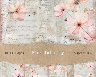 May include: Digital paper set featuring a collage of vintage script, floral elements, and torn paper textures. The design includes soft pink flowers and the text "Pink Infinity" and "10 JPG Pages". The paper size is A4 (8.3 x 11.7 inches).
