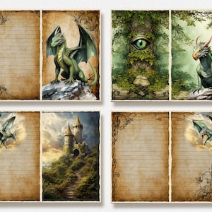 May include: A set of six printable journal pages featuring a fantasy theme with dragons, a castle, and a forest. Each page has a lined writing area and decorative borders.