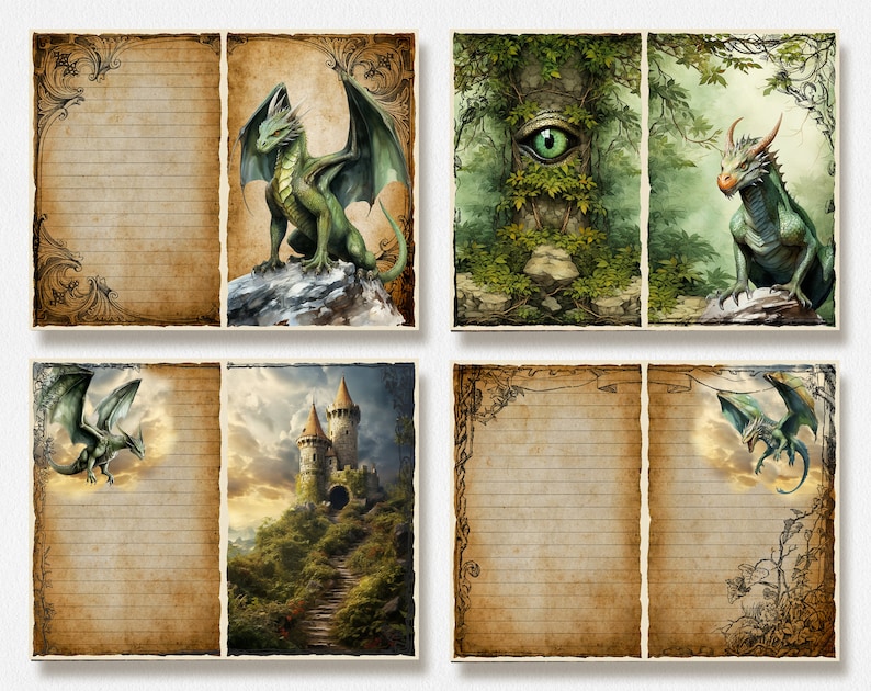 May include: A set of six printable journal pages featuring a fantasy theme with dragons, a castle, and a forest. Each page has a lined writing area and decorative borders.