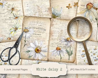 Witte margriet 2 dagboekkit, 5 digitale ongewenste dagboekpagina's, 11 x 8,5, afdrukbaar dagboek, kortstondige, Paper Craft, Instant Download