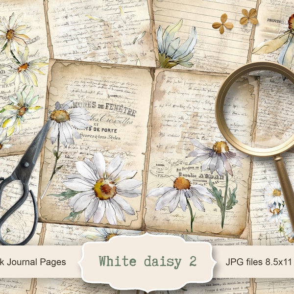 White Daisy 2 Journal Kit, 5 Digital Junk Journal Pages, 11 x 8.5, Printable Journal Ephemera, Paper Craft, Instant Download
