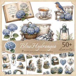 Könnte beinhalten: Eine Sammlung von druckbaren Junk-Journal-Aufklebern mit blauen Hortensien, einem Buch mit dem Text The Honey Bee is Nature's Little Worker of Wonder, einer Teetasse, einem Vogel, einer Laterne, einer Bank und verschiedenen Dekorationen.