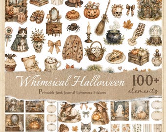 Whimsical Halloween Stickers for Junk Journals, Printable Fussy Cuts, Digital Ephemera, Scrapbook,  JPG