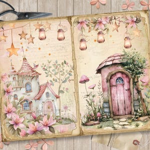 May include: Two pages of a scrapbook with a whimsical fairy tale theme. The left page features a pink and white cottage with a tower and a pink door. The right page features a small pink cottage with a pink door and a stone path leading to it. Both pages have a vintage aesthetic with faded paper and delicate floral accents.