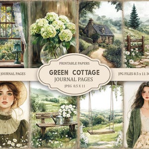 May include: A collage of watercolor illustrations featuring a cottage, a window, a woman, and floral arrangements. The text reads "Green Cottage Journal Pages" and "Junk Journal Pages". The images are JPG files, 8.5 x 11 inches.