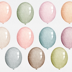 Op de afbeelding: Twaalf aquarel geschilderde ballonnen in verschillende pastelkleuren, waaronder roze, blauw, groen en bruin. De ballonnen zijn gerangschikt in een rasterpatroon op een witte achtergrond.