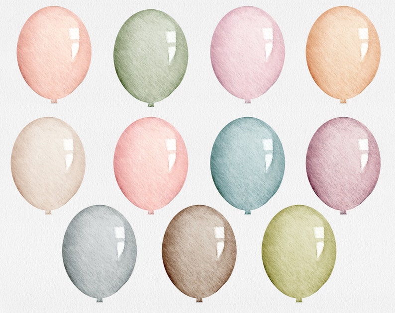 Op de afbeelding: Twaalf aquarel geschilderde ballonnen in verschillende pastelkleuren, waaronder roze, blauw, groen en bruin. De ballonnen zijn gerangschikt in een rasterpatroon op een witte achtergrond.