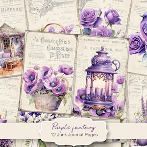 Diario spazzatura fantasia viola, rose, giardino, fiori, vintage, farfalle, effimeri, kit, stampabile, download digitale, foglio di collage digitale