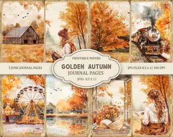May include: Five printable journal pages featuring watercolor illustrations of autumn scenes. The pages include a barn, a girl reading, a train, a Ferris wheel, and a window with a book and flowers. The text "Golden Autumn Journal Pages" is included on the pages.
