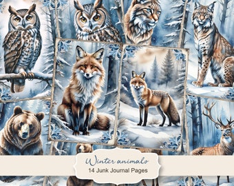 Páginas imprimibles para diario de recortes con animales del bosque en invierno, páginas para diario de recortes navideños, diario de recortes con animales del bosque, hoja de collage digital
