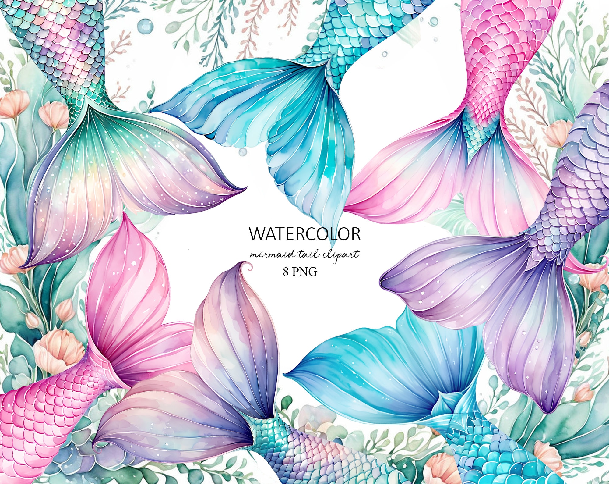 Watercolor Mermaid Tail Clipart, Sea Beach Clipart, Mermaid Tails ...
