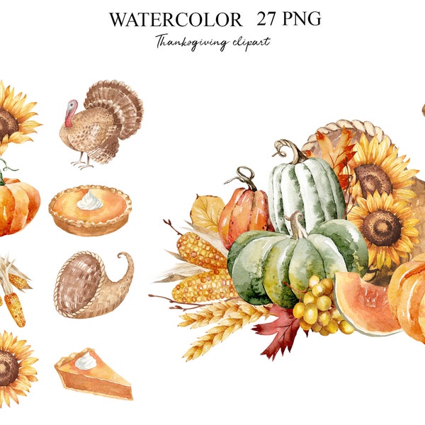 Autumn Fall Clipart, Watercolor Thanksgiving set, Fall Clip Art, Thanksgiving Harvest, Fall Leaves, Halloween, Planner Stickers PNG