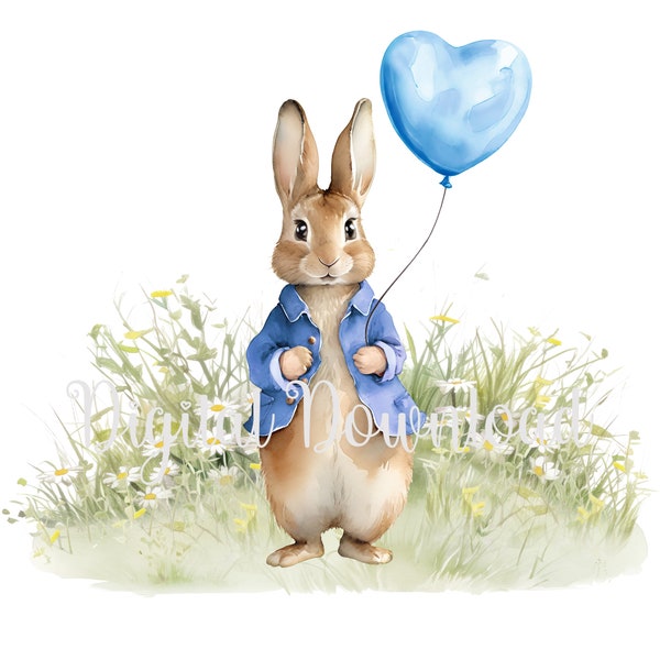 Peter Rabbit, balloon PNG, Animal Sublimation Design, Beatrix Potter Style, Baby Shower print, Watercolor Clipart, Instant Digital Download