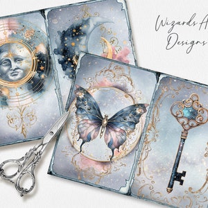 May include: Three watercolor illustrations with a celestial theme. The first illustration features a crescent moon with a face and a star-filled sky. The second illustration features a butterfly with blue and pink wings. The third illustration features a gold key with a blue and gold celestial design. The text "Wizards Art Designs" is visible in the top right corner.