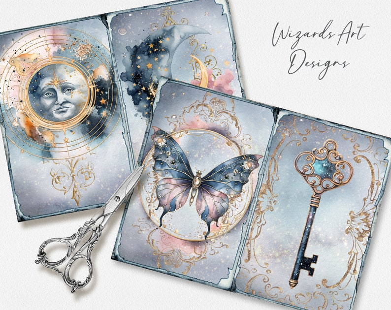 May include: Three watercolor illustrations with a celestial theme. The first illustration features a crescent moon with a face and a star-filled sky. The second illustration features a butterfly with blue and pink wings. The third illustration features a gold key with a blue and gold celestial design. The text "Wizards Art Designs" is visible in the top right corner.
