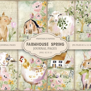 Puede incluir: Un collage de ocho ilustraciones en acuarela con animales de granja y flores primaverales. Las imágenes incluyen un cerdo, una oveja, una cabra, una gallina y un conejo, junto con un granero y una casa. El texto dice "Farmhouse Spring Journal Pages".