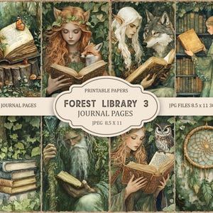 Könnte beinhalten: Eine Collage von Journalseiten mit Fantasy-Thema. Die Bilder zeigen Illustrationen von Menschen, die Bücher lesen, einen Wolf, eine Eule und einen Traumfänger. Der Text lautet "FOREST LIBRARY 3 JOURNAL PAGES" und "JUNK JOURNAL PAGES".