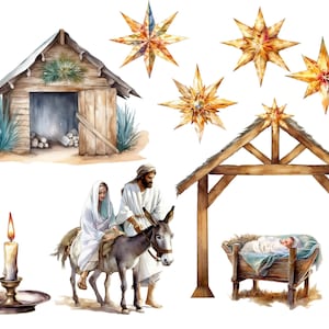 May include: A watercolor painting depicting the Nativity scene. A wooden stable with a thatched roof, a donkey carrying Mary and Joseph, a manger with a baby Jesus, and a candle in a candlestick. The scene is surrounded by five golden stars.