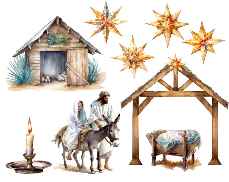 May include: A watercolor painting depicting the Nativity scene. A wooden stable with a thatched roof, a donkey carrying Mary and Joseph, a manger with a baby Jesus, and a candle in a candlestick. The scene is surrounded by five golden stars.