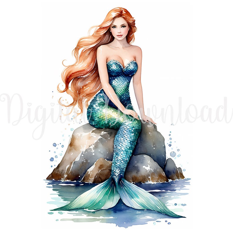 May include: A watercolor painting of a mermaid with long red hair sitting on a rock. She is wearing a blue and green mermaid tail and a blue top. The water is blue and there are bubbles around her.