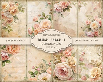 Könnte beinhalten: Eine Sammlung von acht druckbaren Journalseiten mit Vintage-Ästhetik. Die Seiten zeigen Aquarellillustrationen von rosafarbenen Rosen und Blättern auf einem strukturierten, gealterten Papierhintergrund. Text enthält "Junk Journal Pages" und "Blush Peach 1 Journal Pages".
