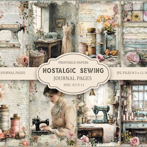 Może przedstawiać: Kolaż stron do druku w stylu vintage. Strony zawierają obrazy maszyn do szycia, szpule nici, kwiaty i manekin. Tekst zawiera "Junk Journal Pages" i "Nostalgic Sewing Journal Pages". Strony mają wymiary 21,6 x 27,9 cm.