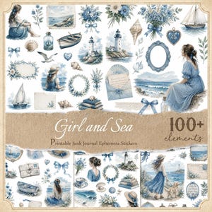 Op de afbeelding: Een verzameling blauw-witte stickers met nautische thema's, waaronder afbeeldingen van vuurtorens, zeilboten, schelpen, bloemenboeketten, linten, enveloppen en figuren in blauwe jurken, met de tekst Girl and Sea 100+ elements.