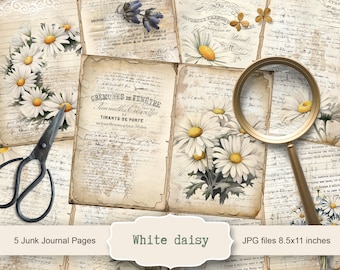White Daisy Journal Kit, 5 Digital Junk Journal Pages, 11 x 8.5, Printable Journal Ephemera, Paper Craft, Instant Download