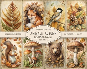 May include: A collection of printable journal pages featuring watercolor illustrations of autumn animals and foliage. The images include a fox, bird, squirrel, bear, mushrooms, and leaves. The text on the image reads "ANIMALS AUTUMN JOURNAL PAGES" and "JPG FILES 8.5 x 11 300 DPI".