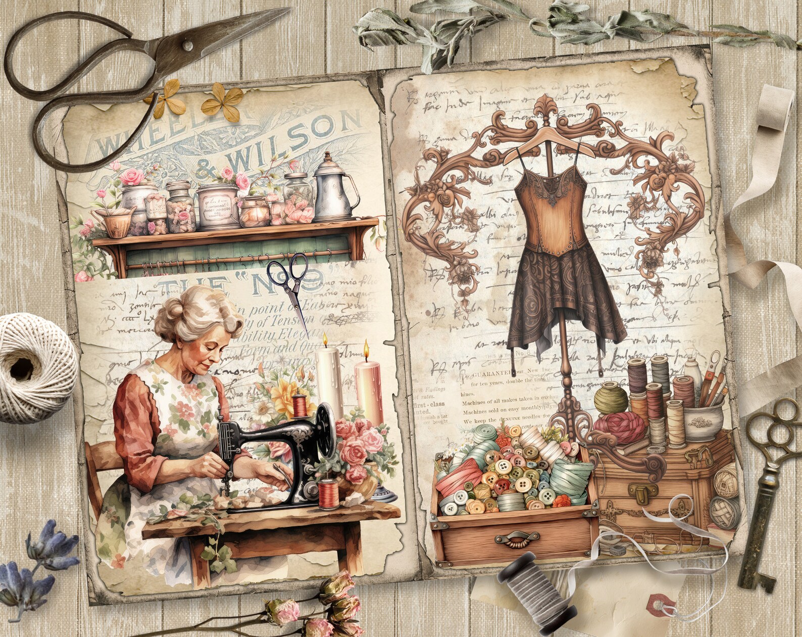 Vintage Sewing, 5 Digital Junk Journal Pages, Scrapbook Paper Kit ...