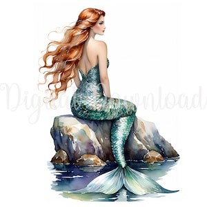 May include: A watercolor painting of a mermaid with long, flowing red hair sitting on a rock. Her tail is a vibrant green with scales and she is looking off to the side. The water is a deep blue and there are smaller rocks around her.