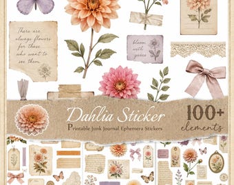 Dahlia Stickers for Junk Journals, Printable Fussy Cuts, Digital Ephemera, Scrapbook,  JPG