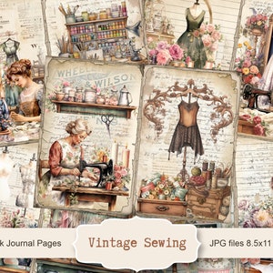 Vintage Nähen, 5 digitale Junk Journal Seiten, Scrapbook Papier Kit, Näherin Printable, Lace Collage Sheet, Nähmaschine Ephemera
