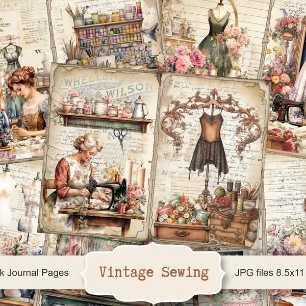 Vintage Sewing 5 Digital Junk Journal Pages, Scrapbook Paper Kit, Seamstress Printable, Lace Collage Sheet, Sewing Machine Ephemera