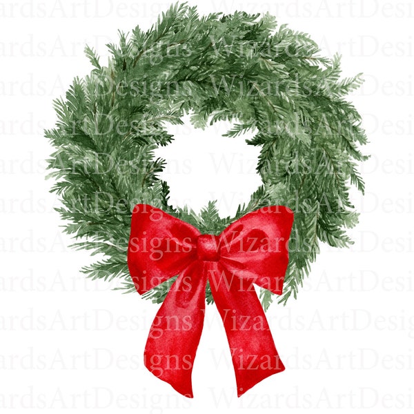 Watecolor Christmas wreath, Watercolor wreath, Gingham Christmas bow, Bow wreath, Commercial use clipart, Pine Cone Wreath PNG