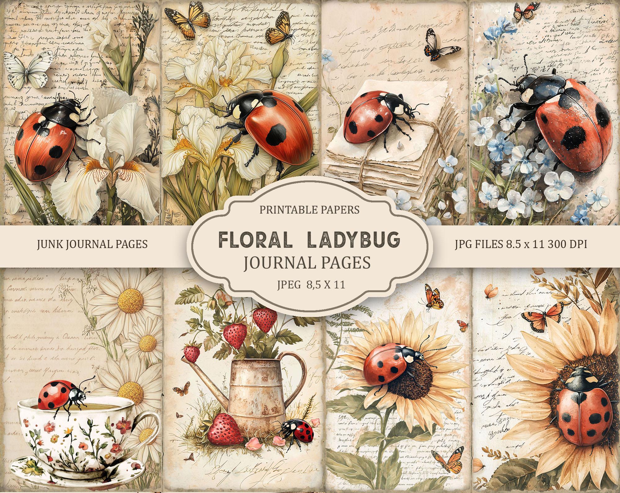 Floral Ladybug Junk Journal Kit: Printable Scrapbook Pages, Flowers ...