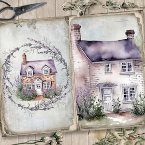 May include: Watercolor illustrations of quaint cottages with lavender accents. One cottage is framed by a lavender wreath. The other cottage has a purple roof and lavender bushes. The image includes a pair of scissors, a key, and botanical elements.