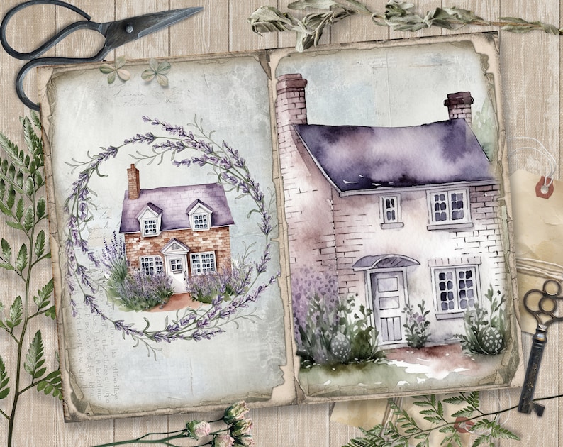 May include: Watercolor illustrations of quaint cottages with lavender accents. One cottage is framed by a lavender wreath. The other cottage has a purple roof and lavender bushes. The image includes a pair of scissors, a key, and botanical elements.