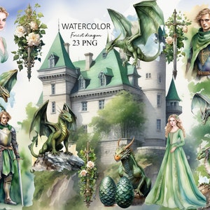 Op de afbeelding: Waterverfillustratie van een groene draak, een kasteel, een ridder, een vrouw in een groene jurk en een boeket witte rozen. De tekst "WATERCOLOR Forest dragon 23 PNG" staat in de rechterbovenhoek van de afbeelding.
