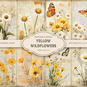 Può includere: Un collage di pagine di diario spazzatura stampabili con fiori selvatici gialli e farfalle. Le pagine hanno un'estetica vintage con sfondi di testo scritto a mano. Il testo sull'immagine recita "Printable Papers Yellow Wildflowers JPEG 8.5 x 11".